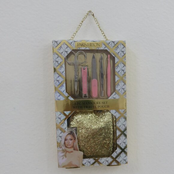(#121) Paris Hilton 5pc Gold Manicure set with travel pouch - Picture 1 of 4